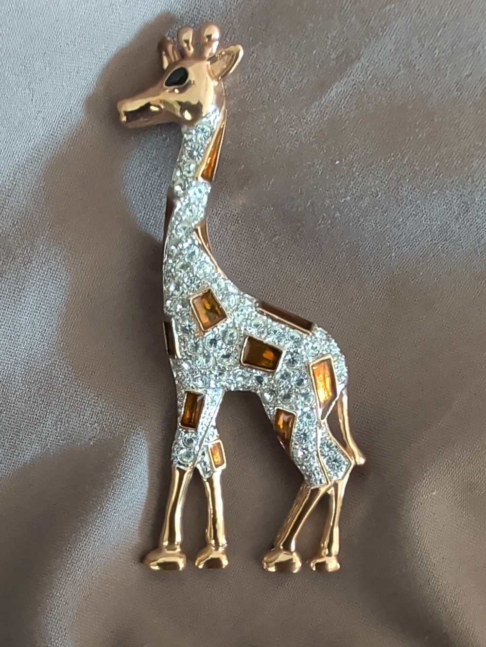 Vintage Roman Gold Giraffe Brooch Rhinestone Amber Enamel Accents 80s